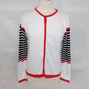 Northern Reflections Women M White Cardigan Sweater Red Navy Blue Striped detail